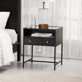 Hale Metal Nightstand with Glasstop Bedside Side Table Nightstand with Drawer in Black