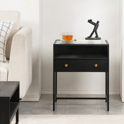 Hale Metal Nightstand with Glasstop Bedside Side Table Nightstand with Drawer in Black