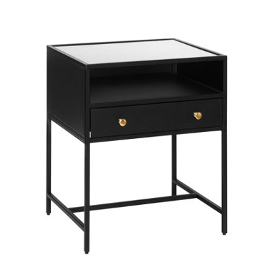 Hale Metal Nightstand with Glasstop Bedside Side Table Nightstand with Drawer in Black