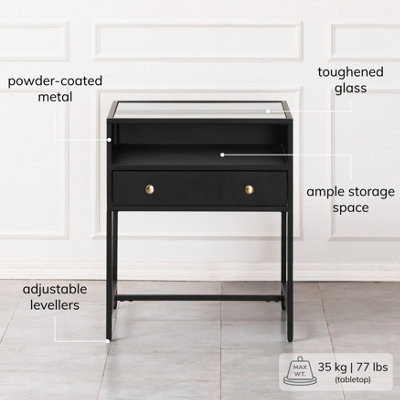 Hale Metal Nightstand with Glasstop Bedside Side Table Nightstand with Drawer in Black