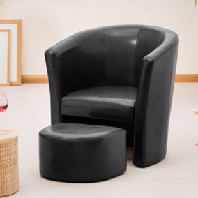 Halewood 70cm Wide Black PU Vegan Leather Accent Tub Chair with Integrated Footstool