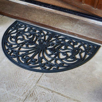 Half Moon Rubber Door Mat, Wrought Iron Effect, Non Slip Heavy Duty Welcome Entrance Mat