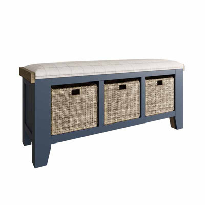 Hall Bench - Pine/MDF/Wool/Wicker - L110 x W35 x H50 cm - Blue/Natural Check