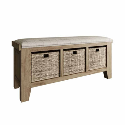 Hall Bench Storage Unit Pine/MDF/Wool/Wicker L110 x W35 x H50 cm