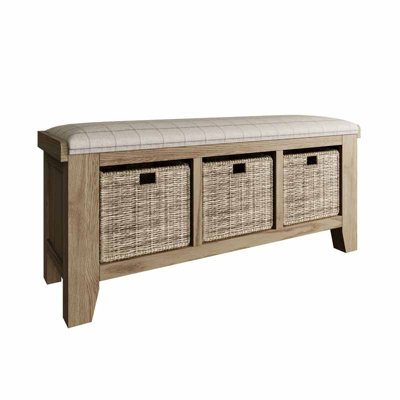 Hall Bench Storage Unit - Pine/MDF/Wool/Wicker - L110 x W35 x H50 cm - Smoked Oak/Natural Check