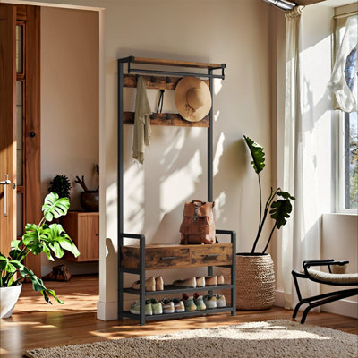Hall Tree with Bench and Shoe Storage, Hallway Coat Rack with Shoe ...