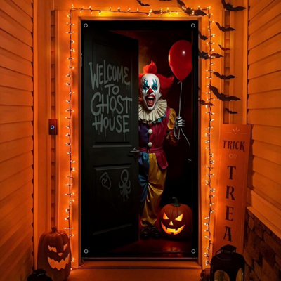 Halloween Door Cover Decoration Creepy Clown Welcome to Ghost House Entrance Banner Signs Doorway Backdrop with Pumpkin and