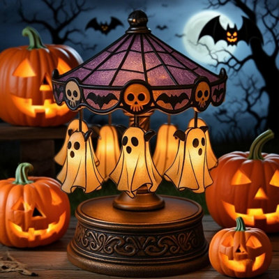 Lampe Carrousel Fantôme Halloween - Décoration Lumineuse Rotative, Résine, Rechargeable, 19x11x19 Cm