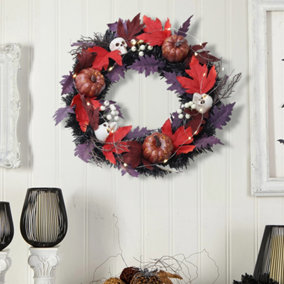 Halloween LED Maple Leaves Wreath with Skull Battery Operated Dia 45cm