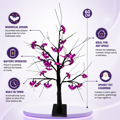 Halloween Light Up Tree With Purple Bats 60cm Battery Operated Warm ...