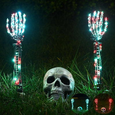 Halloween Lighted Skeleton Set, Skeleton Head & Arm Stakes with 2 Green ...