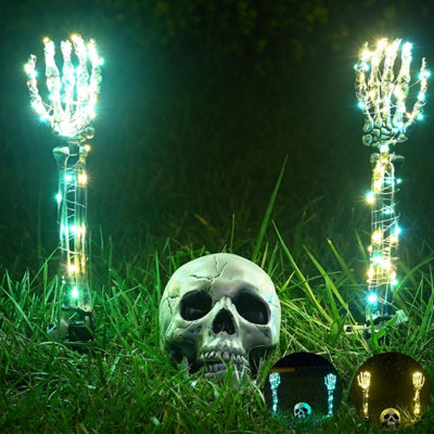 Halloween Lighted Skeleton Set, Skeleton Head & Arm Stakes with 2 Green ...
