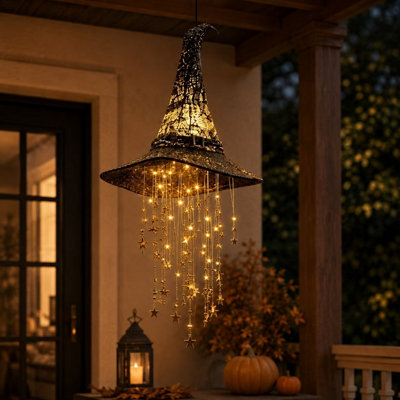 Halloween Lighted Witch Hat Hanging Chime LED Glowing Mesh Cascading ...