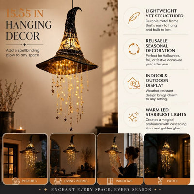 Halloween Lighted Witch Hat Hanging Chime LED Glowing Mesh Cascading ...