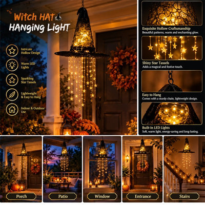 Halloween Outdoor Ornament Lighted Witch Hat Hanging Chime LED Glowing ...