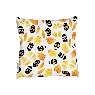 Halloween pattern with ghosts, pumpkins, skulls and autumn leaves ...