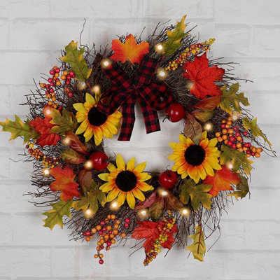 Halloween Prelit Wreath with Artificial Maple Leaves and Sunflowers 45cm