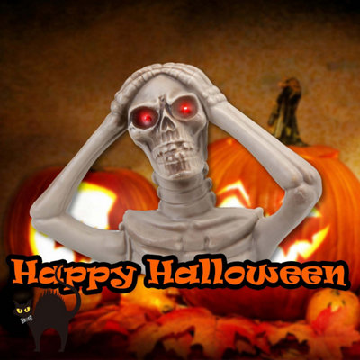 HALLOWEEN SKELETON BUST LED EYES HANDS ON HEAD TRICK OR TREAT PARTY