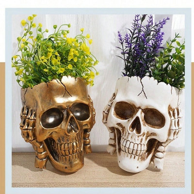 Halloween Skull Planter Unique Resin Flower Pot for Indoor Outdoor Garden  Decor Vintage Style Gold