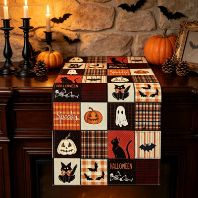Halloween Spooky Ghost Black Cat Dining Table Runner Pumpkin Boo Burlap Kitchen Decoration, Funny Bats Home Decor Party Supply