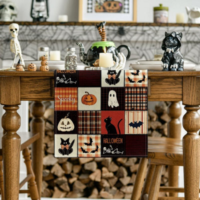 Halloween Spooky Ghost Black Cat Dining Table Runner Pumpkin Boo Burlap Kitchen Decoration, Funny Bats Home Decor Party Supply