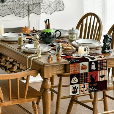 Halloween Spooky Ghost Black Cat Dining Table Runner Pumpkin Boo Burlap Kitchen Decoration, Funny Bats Home Decor Party Supply