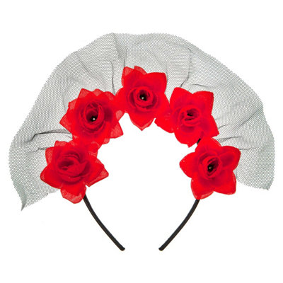 Halloween Veil Headband 5 Roses Design Halloween Party, Trick or Treat  Red