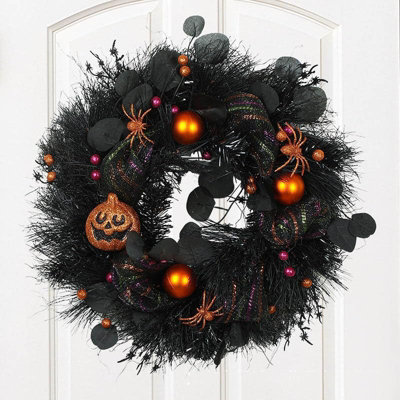 Halloween Wreath for Front Door Glitter Pumpkin Wreath with Spiders Balls  Eucalyptus Leaves Centerpiece Window