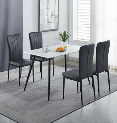 Hallowood Furniture Cullompton Dining Set, White Marble Effect Rectangular Dining Table 120cm with 4 Black Faux Leather Chairs