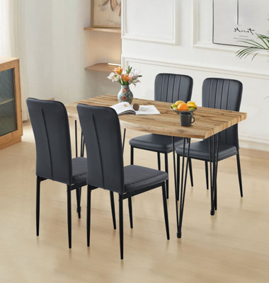 Hallowood Furniture Cullompton Large Dining Table 120cm, Live Edge Effect Top, with 4 Black Faux Leather High Back Chairs