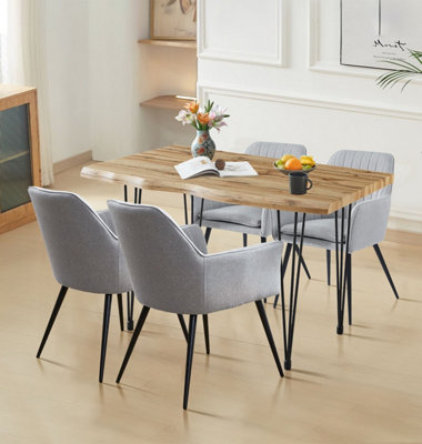 Hallowood Furniture Cullompton Large Dining Table 120cm, Live Edge Effect Top,  with 4 Steel Grey Fabric Arm Chairs