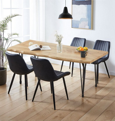 Hallowood Furniture Cullompton Large Dining Table Live Edge Effect Top (1.6m) with 4 Black Bonded Leather Chairs