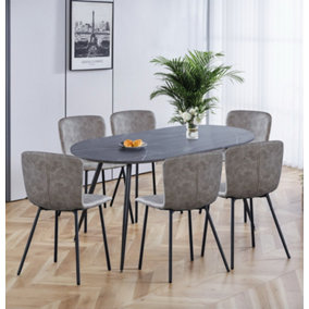 Hallowood Furniture Cullompton Large Oval Table (1.6m) with 6 Light Grey Leather Effect Chairs