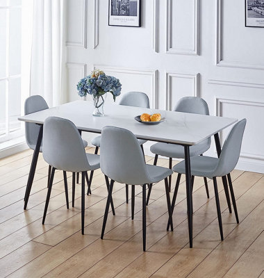 Hallowood Furniture Cullompton Large Rectangular Dining Table (160cm) with 6 Light Grey Fabric Chairs