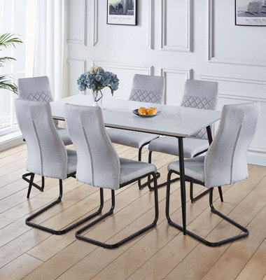 Hallowood Furniture Cullompton Large Rectangular Dining Table (160cm) with 6 Light Grey Fabric High Back Chairs