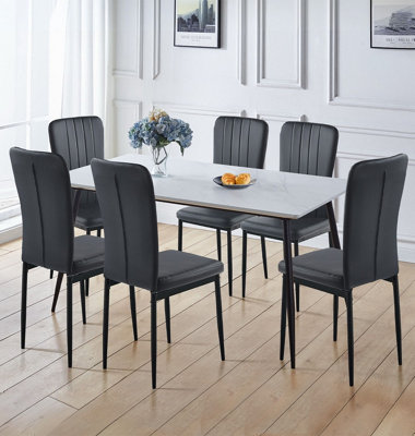 Hallowood Furniture Cullompton Large Rectangular Dining Table 160x80cm, White Marble Effect Top, with 6 Black Faux Leather Chairs