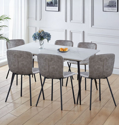 Hallowood Furniture Cullompton Large Rectangular Marble Effect Dining Table (160cm) with 6 Grey Leather Effect Chairs
