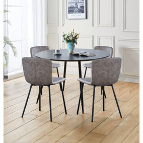 Hallowood Furniture Cullompton Large Round Black Dining Table 120cm with 4 Grey Leather Effect Chairs