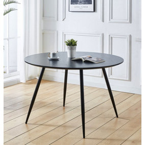 Hallowood Furniture Cullompton Large Round Dining Table (1.2m) with Black Wooden Effect Top and Black Metal Legs