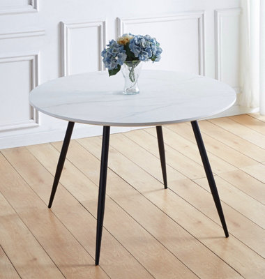 Hallowood Furniture Cullompton Large Round Dining Table (1.2m) with White Marble Effect Top and Black Metal Legs