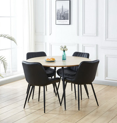 Hallowood Furniture Cullompton Large Round Dining Table with Light Oak Effect Top (120cm) with 4 Black Leather Chairs