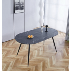 Hallowood Furniture Cullompton Oval Dining Table 160cm with Grey Marble Effect Top and Black Legs