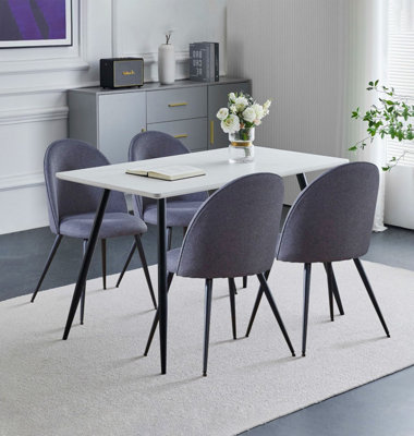 Hallowood Furniture Cullompton Rectangular Dining Table 120cm in White Marble Effect Top with 4 Grey Curved Back Chairs