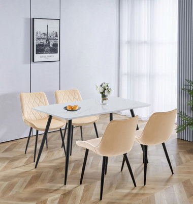 Hallowood Furniture Cullompton Rectangular Dining Table 120cm in White Marble Effect Top with 4 Light Brown Fabric Chairs