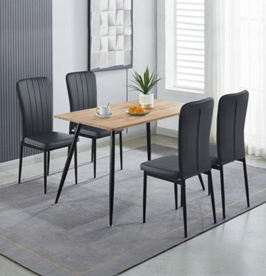 Hallowood Furniture Cullompton Rectangular Dining Table (120x70cm), Oak Effect Top, with 4 Black Faux Leather High Back Chairs