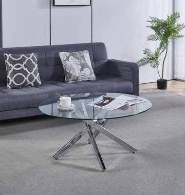 Hallowood Furniture Cullompton Round Glass Coffee Table with 4 Crossed Chrome Legs