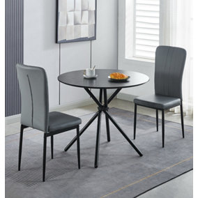 Hallowood Furniture Cullompton Small Black Round Dining Table 90cm with 2 Light Grey Faux Leather Chairs