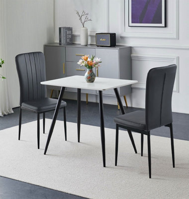 Hallowood Furniture Cullompton Small Rectangular 80cm Dining Table, White Marble Effect Top, with 2 Black Faux Leather Chairs