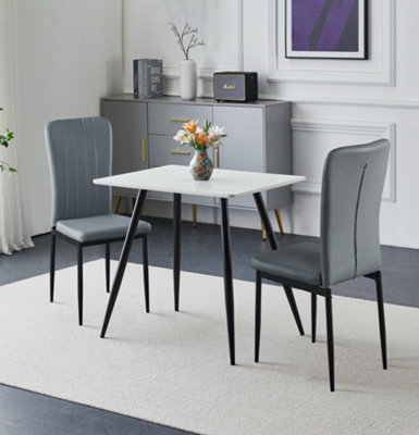 Hallowood Furniture Cullompton Small Rectangular 80cm Dining Table, White Marble Effect Top, with 2 Grey Faux Leather Chairs