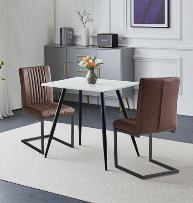 Hallowood Furniture Cullompton Small Rectangular Dining Table 80cm with 2 Brown Leather Effect Chairs